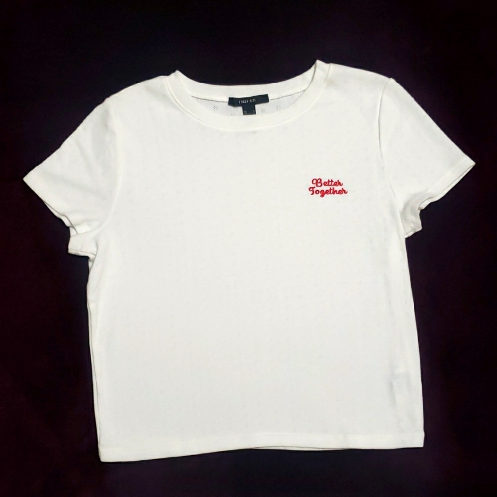 🔴 🆓️ FREE* Forever 21 Pointelle Knit Embroidered Baby Tee Crop Top 🔴